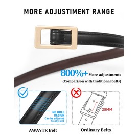 AWAYTR Skinny Reversible Leather Belt - Hole Free Belt for Women Jeans Dress Thin Waist Belt for Ladies with Gold Buckle(Black/Coffee,115cm)