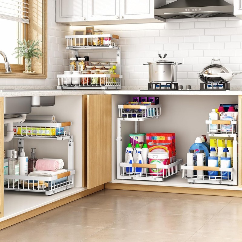 PXRACK Under Sink Organizer, Adjustable Height, 2 Tier Pull Out