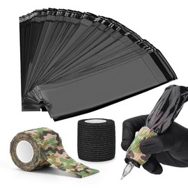 ATOMUS 200pcs Sealable Wireless Tattoo Pen Covers Black with 2pcs Grip Tapes Bandages Set Disposable Plastic Tattoo Pen Bags Kit Tattoo Machine Accessories