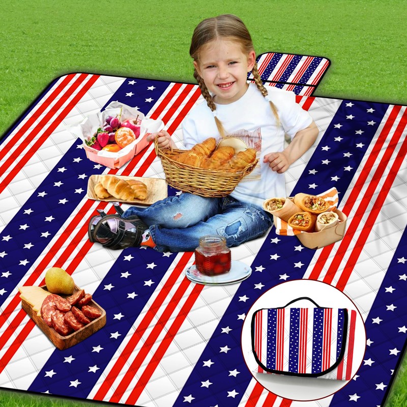 Poedist Extra Large Patriotic Picnic Blanket Waterproof,60"x 80"Foldable Machine Washable