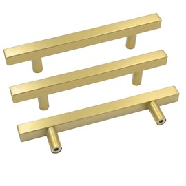 Goldenwarm LS1212GD160 T Bar Square Gold Kitchen Cabinet Door Handle Brushed Brass Cabinet Knobs Drawer Pulls Furniture Hardware - 6-1/4 Inch Hole Centers Bathroom Cabinet Pulls 10 Pack