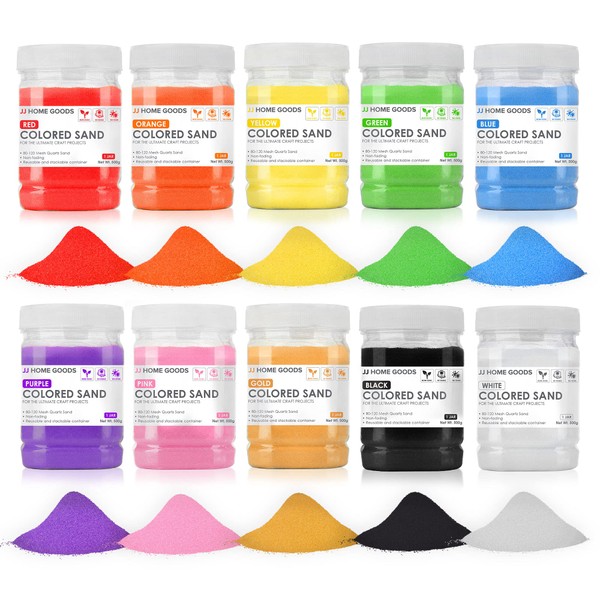 JJ CARE Colored Sand, 11 lbs. [10 Bottles] Craft Sand Art Kit for Kids 3 Years Above, Non-Toxic Color Sand Art Bulk, UV Stable Colorful Sand for Crafts, Wedding & Decorations, Kids Art Sand