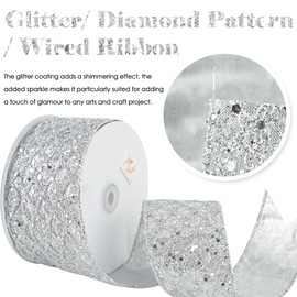 HUIHUANG Silver Glitter Wired Ribbon for Christmas Tree 2.5 inch Silver Diamond Mesh Ribbon for Tree Decoration, Wreaths, Garland, Gift Wrapping, Large Bows Making, Home Decor -10 Yards