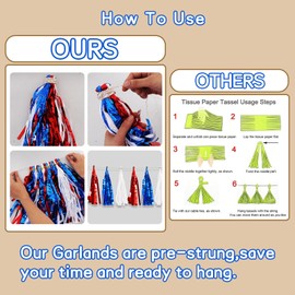 BEISHIDA 3 Packs Red Blue White Metallic Foil Fringe Tassel Garland Pre-Strung Tassels Banner Streamers New Year Graduation Birthday Wedding Baby Shower Christmas Holiday Party Decoration 45pcs
