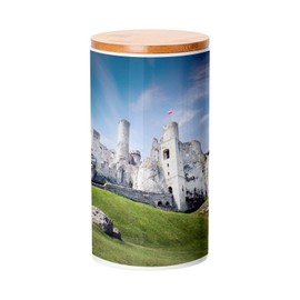 Fabulous Ceramic Pot with Lid Bamboo - Medieval Castle in Ruins Ogrodzieniec Poland - 887 ml (30 oz) - Kitchen Utensils Pot