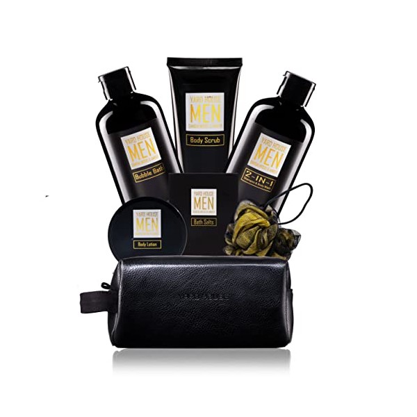 YARD HOUSE Bath and Body Spa Gifts Baskets Set for Men - Sandalwood & Amber – 7Pcs Men’s Spa Kit with Body wash, Bubble bath, Bath Salt, Body Lotion, Body Scrub, Loofah and Leather Toiletry Bag