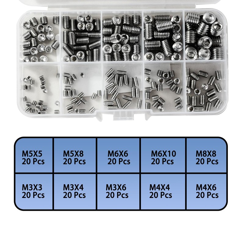 304 Stainless Steel Socket Set Screws Assortment Kit(200Pcs), M3 M4