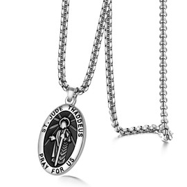 JewelryWe Men's Saint Jude Thaddeus Jesus Oval Medal Stainless Steel Pendant Necklace(Silver)