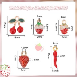 PH PandaHall 50pcs Red Enamel Charms 5 Styles Fruit Charms 3D Strawberry Cherry Pendants Italian Horn Cornicello Charms Jewelry Pendant Alloy Dangle Charms for Earring Necklace Bracelet Making