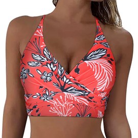 Hilor Women Underwire Midkini Swimsuit Tops Front Twist Bikini Tops Crossback Bathing Suit Top Swimwear Red&White Floral 8
