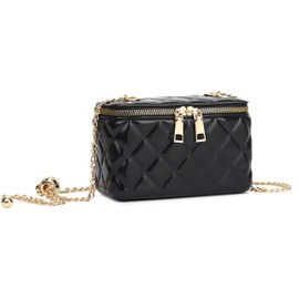 LeahWard Women's MINI Quilted Clutch Bag Patent Chain Strap Purse Pouch Wedding Handbag (Black)