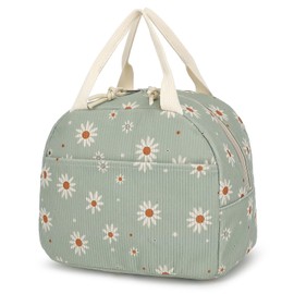 Corduroy Lunch Bag for Women Girls Lunch Tote Bags Reusable Insulated Lunch Box for Work Picnic School Travel (Green Corduroy - Daisy)