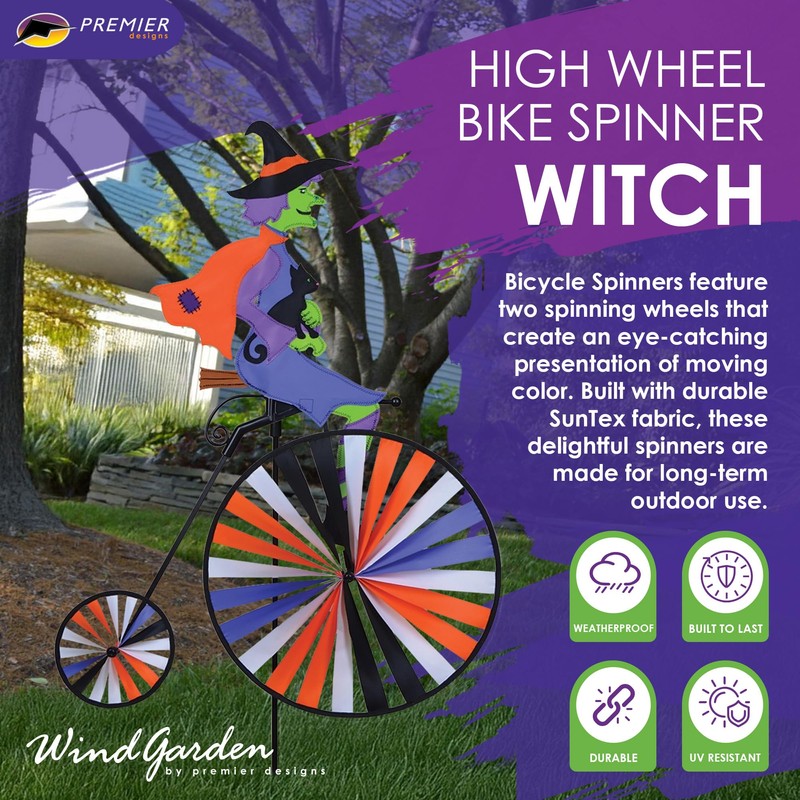 High Wheel Bike Spinner Witch – Spooky Halloween Design, Weather-Resistant