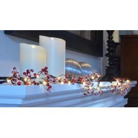 TenWaterloo 6 Foot Lighted Winter Berry Garland, Battery Operated with Timer, Lightly Frosted Snowy Artificial Berries, Indoor Usage