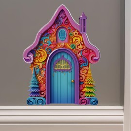 Bright Rainbow House with Trees - Fairy Door Wall Sticker