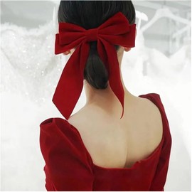 Zeshimb Red Velvet Bow Hair Clip Long Ribbon Bow Hairpin Big Handmade Bowkont Duckbill Hair Barrettes Fairy Headdress Hairband Elegant Bow Hair Accessory for Women and Girls
