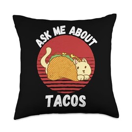 Retro Cat Ask Me About Tacos Lover Retro Ask Me About Tacos Cat Lover Throw Pillow, 18x18, Multicolor