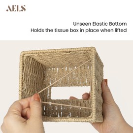 AELS Farmhouse Tissue Box Cover Square, Hand Woven Strawpaper Facial Tissue Paper Holder, Cute Tissue Box Holder Square, Boho Bathroom Decor Box for Tissues Cube Box w/Elastic Bottom, Beige