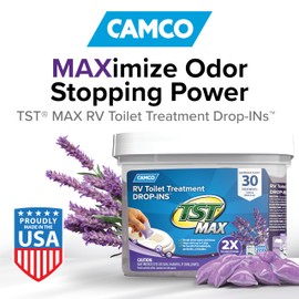 Camco TST MAX RV Toilet Treatment Drop-INs | Control Unwanted Odors and Break Down Waste and Tissue | Septic Tank Safe | Lavender Scent | 30-pack (41553)
