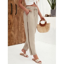 Puimentiua Women's Linen Capri Pants with Drawstring Petite Summer Beachwear Lightweight Elastic Waist Pants, Khaki, S