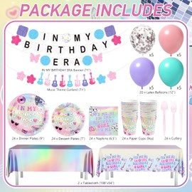 In My Birthday Era Decorations, 194Pcs Music Theme Tableware Set for 24 Guests with In My Birthday Era Plates Napinks Cups Cutlery Tablecloths Banners & Balloons, Friendship Bracelet Party Supplies
