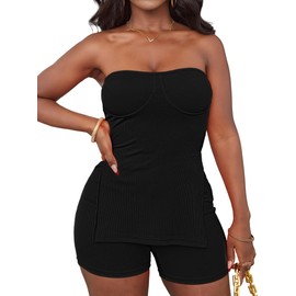 LovelyWholesale Shorts Sets Women 2 Piece Outfits Split Ribbed Tube Tops and Shorts Matching Sets Black Small