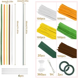 500 Pcs Pipe Cleaners Craft，5 Colors Pipe Cleaners Bulk,Chenille Stems Flowers Craft kit for DIY Handmade Bouquet Wrapping Party Decorations Whit Ribbons，Stems,Tape，Stamens, Glue Sticks (Sunflower)