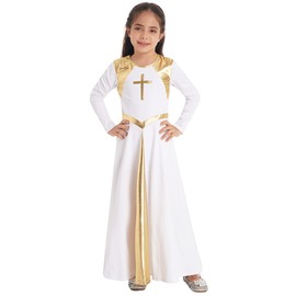 VernLan Girls Kids Liturgical Praise Dance Worship Long Dress Metallic Gold Color Block Full Length Church Dancewear White 8 Years