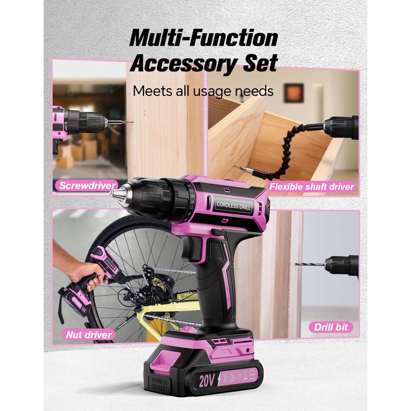 Pink Cordless Drill Set, 20V Max PowerDrill for Women, Lightweight
