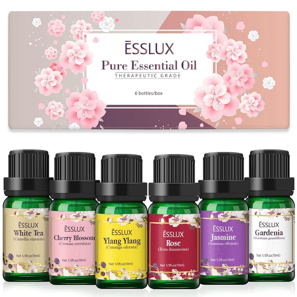 Essential Oils Set, ESSLUX Floral Essential Oils for Diffuser, Massage & Candle Making, Natural & Long-Lasting Scents - Rose, Jasmine, Gardenia, Ylang-Ylang, White Tea, Cherry Blossom, 6 * 10ml