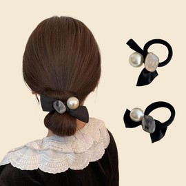 [VIISEN] Hair Rubber Scrunchie Pearl Hair Ring Set of 2 Pearlescent and Ribbon Decoration Scrunchie Stylish Hair Accessory Adult Elegant Stylish Women's Everyday Use Commute Date (Black)
