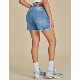 luvamia FleXclusive Jean Shorts for Women Trendy High Waisted Stretchy Denim Summer Casual Raw Hem Mom Long Cutoff Jorts Women's High Waisted Shorts Lakeside Blue Size Large Fits US 12-14