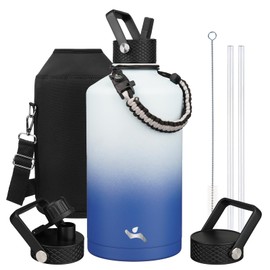Konokyo Gallon Insulated Water Bottle with Straw,128 oz 3 Lids Water Jug with Carrying Bag,Paracord Handle, Double Wall Vacuum Stainless Steel Metal Flask,Sky