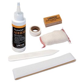 Lineco Book Repair Tool Kit for Simple Repairing and Cleaning, Including Tape 1" x 36", Mending Tissue 0.5" x 12ft, Bone Folder, Cleaning Pad, Neutral pH Adhesive 4 oz, and Gum Eraser.