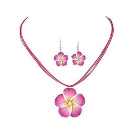 Hawaiian Plumeria Rubra Earrings Necklace Set Bohemia Tropical Flower Dangle Earrings Luau Beach Party Accessories for Women Jewelry-Deep Pink