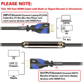 Postta HDMI Cable(100 Feet Blue) HDMI 2.0V with Built-in Signal Booster-Support 4K,3D,1080P,Ethernet,Audio Return-1 Pack