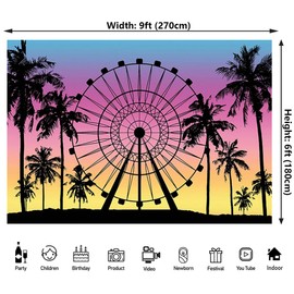 9x6ft Ferris Wheel Backdrop Sunset Seaside Palm Tree Silhouette Photography Backdrop for Hawaiian Music Art Festival Camping Party Decoration Banner