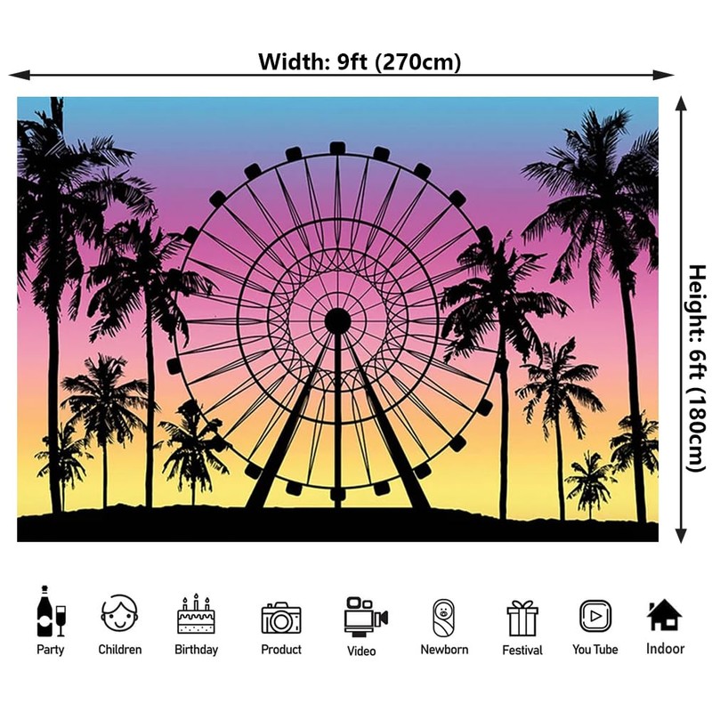 9x6ft Ferris Wheel Backdrop Sunset Seaside Palm Tree Silhouette Photography