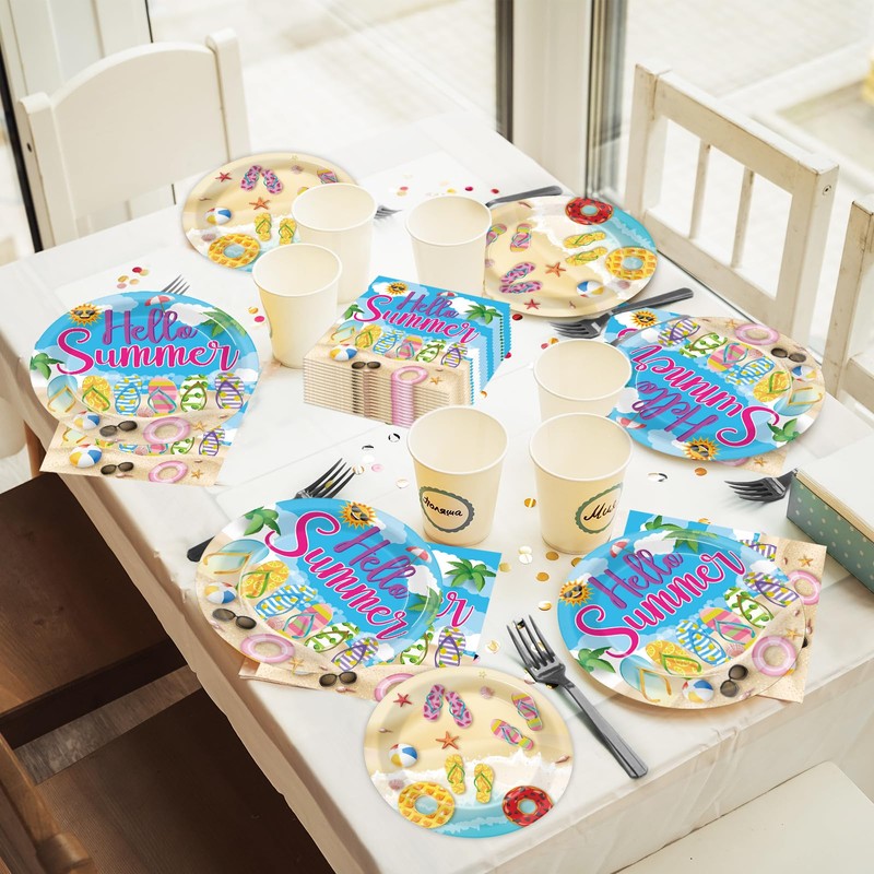 CHUNNIN 96Pcs Hello Summer Plates and Napkins Beach Party Decorations