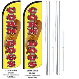 R and R Industries Corn Dogs Flags Pack of 2 | 3ft x 11.5ft Corn Dogs Advertising Banner Signs | Weatherproof Polyester Outdoor Flags for Business Marketing (With Complete Hybrid Pole Set)