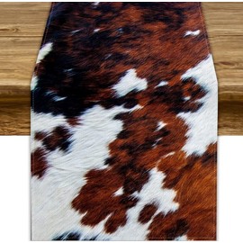 JanJCurt Farmhouse Cowhide Table Runner, Abstract Western Maroon White Cow Fur Western Animal Skin Table Runner for Home Kitchen Dining Table Birthday Party Decoration, 13x108inch