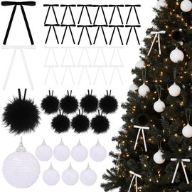64 Pcs Christmas Ornament Plush Sequins Balls Bows, Black,White