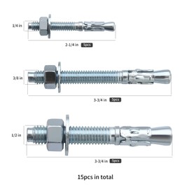 Anrik 15 Pcs 1/4"x2-1/4",3/8"x3-3/4",1/2"x3-3/4" Wedge Anchors Zinc Plated Assortment Kit for Concrete