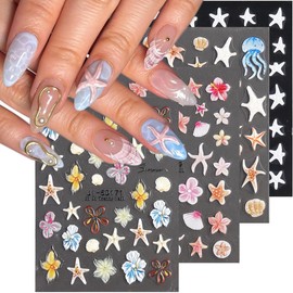 Fcozpjk 5D Embossed Ocean Nail Stickers, Summer Hibiscus Flowers Sticker for Nails Art Self-Adhesive Floral Decals Starfish Sea Shell Jellyfish Tropical Nail Stickers Pegatinas para Uñas