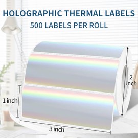 Yeachlaing 1" x 3" Holographic Thermal Label Stickers,Printable Rainbow Glitter Thermal Printer Sticker Labels for Gift Wrapping, Self-Adhesive Name Price Tag DIY Custom Logo Design (500 pcs)