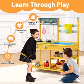 Mud Kitchen for Kids, Outdoor Play Kitchen Set for Toddler with Removable Sink & Faucet, Water Box, Stove Top, Storage Shelves,Toy Kitchen Set Gift for Girls & Boys Age 3+