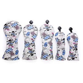 Premium PU Leather Driver Wood Utility UT FW Headcover for DR / FW / UT - Set of 5 - Skull x England Flag Waterproof with Conversion Doug (Blue)