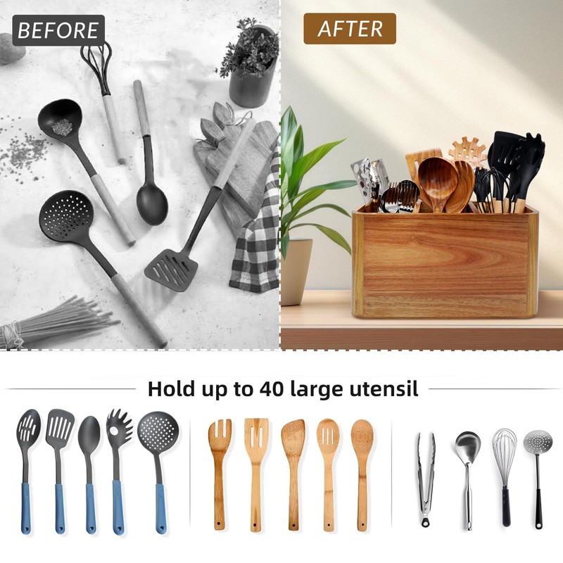 Wooden Kitchen Utensil Holder Organizer for Counter or Countertop, Large