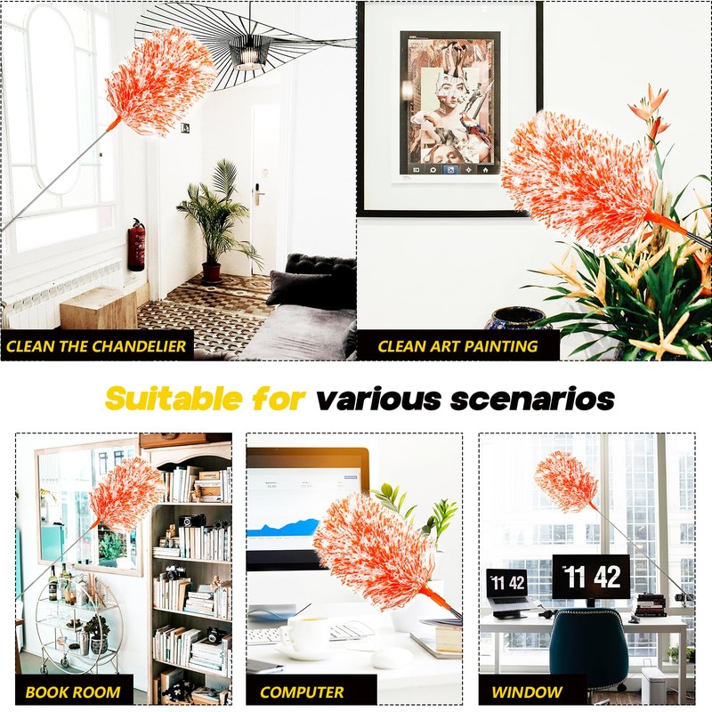 20-49inches Extendable Microfiber Feather Duster with 10pcs Replaceable Heads, Extra