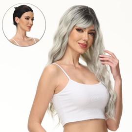 Rose bud Long Curly Wavy Ombre Silver Wig with Fringe Adjustable 24 Inch Synthetic Cosplay Daily Hair Wigs for Women